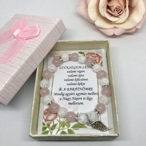 Rózsakvarc, hegyikristály, angyalszárnnyal tanúfelkérő karkötő