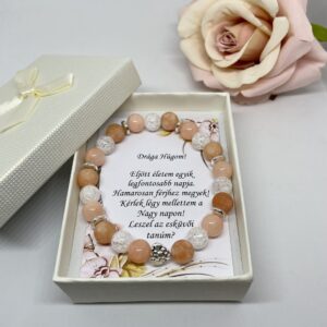 Barackszínű tanúfelkérő karkötő, ezüst szívvel