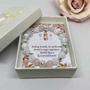 Rózsaszín-fehér-ezüst koszorúslányfelkérő karkötő díszdobozban