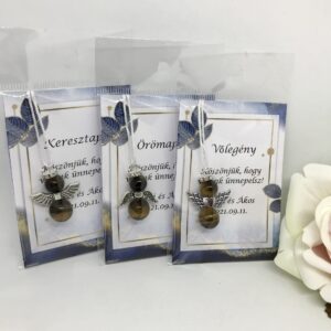 Köszönőajándék angyal barna tigrisszemből, kék kártyával