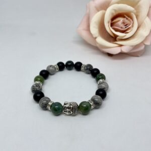 Moha achát - szürke jáspis - matt ónix karkötő, ezüst buddhafejjel