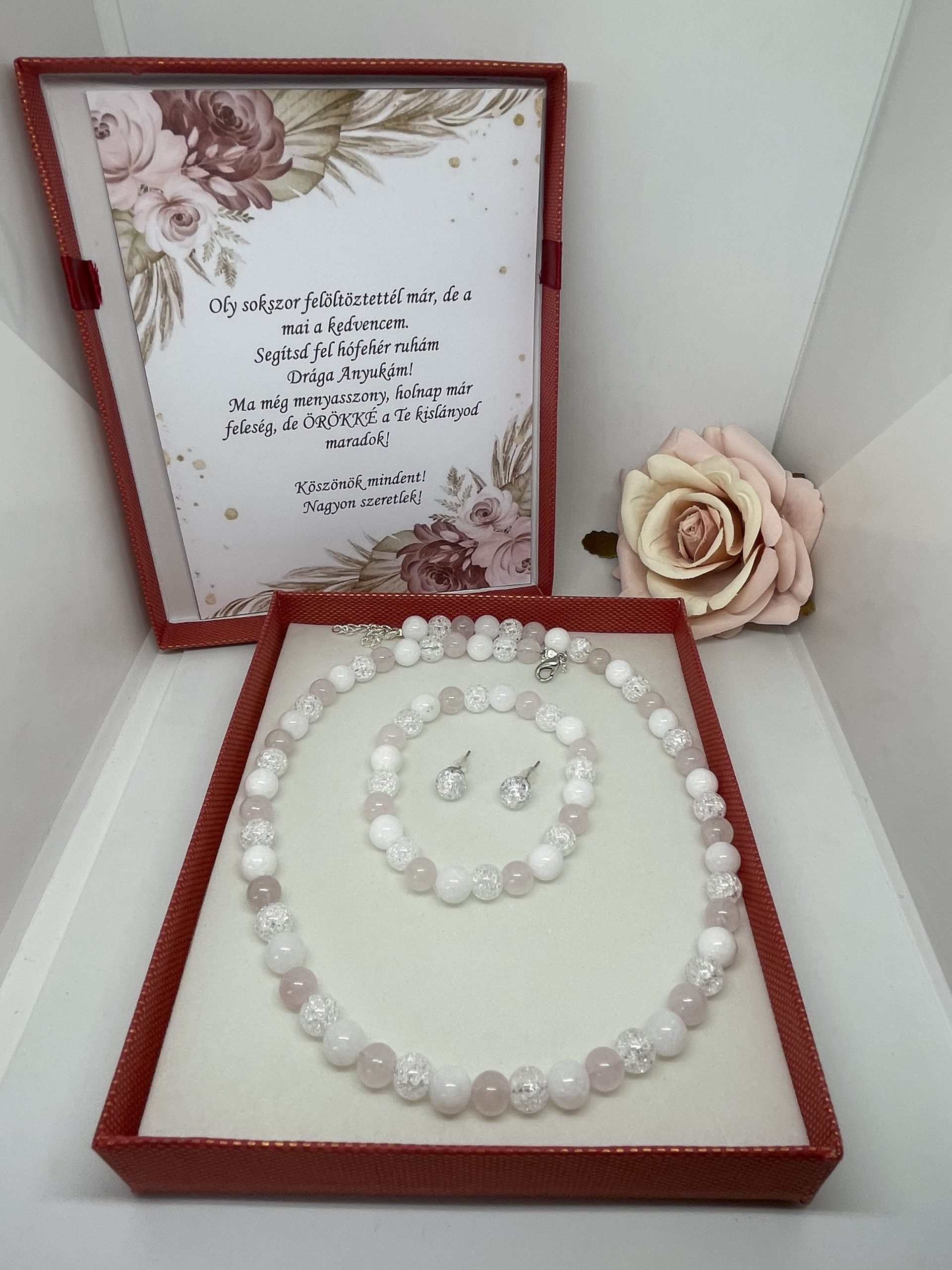 Örömanya ékszer szett: rózsakvarc, hegyikristály, jade