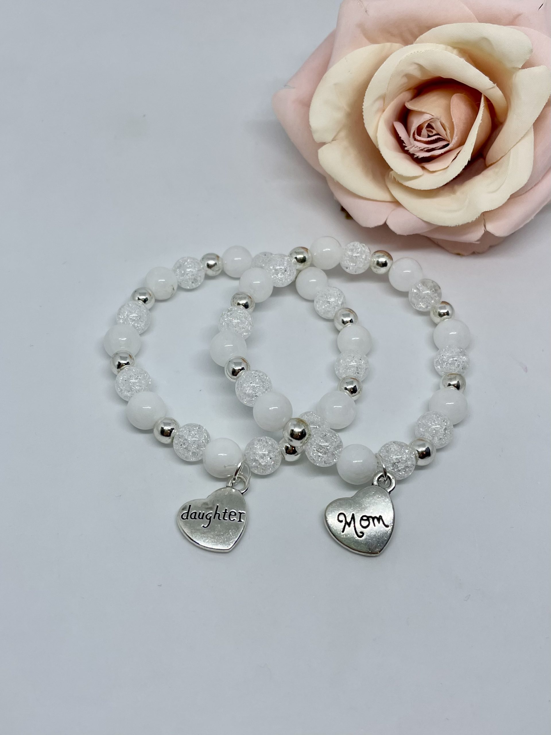 Ezüst fehér anya lánya ásvány karkötő szett