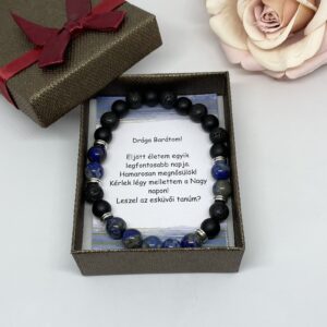 kék fekete férfi tanúfelkérő karkötő, díszdobozban